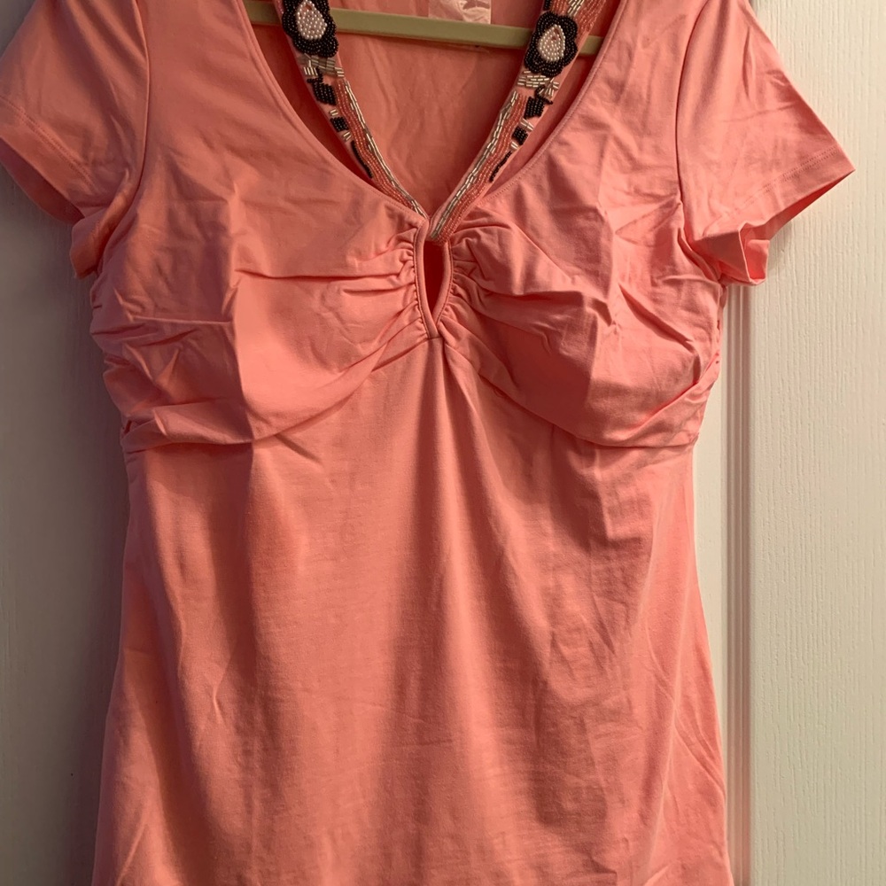 NWOT Moda Int’l Women's Pink Top with Beaded Embellished Neckline Large